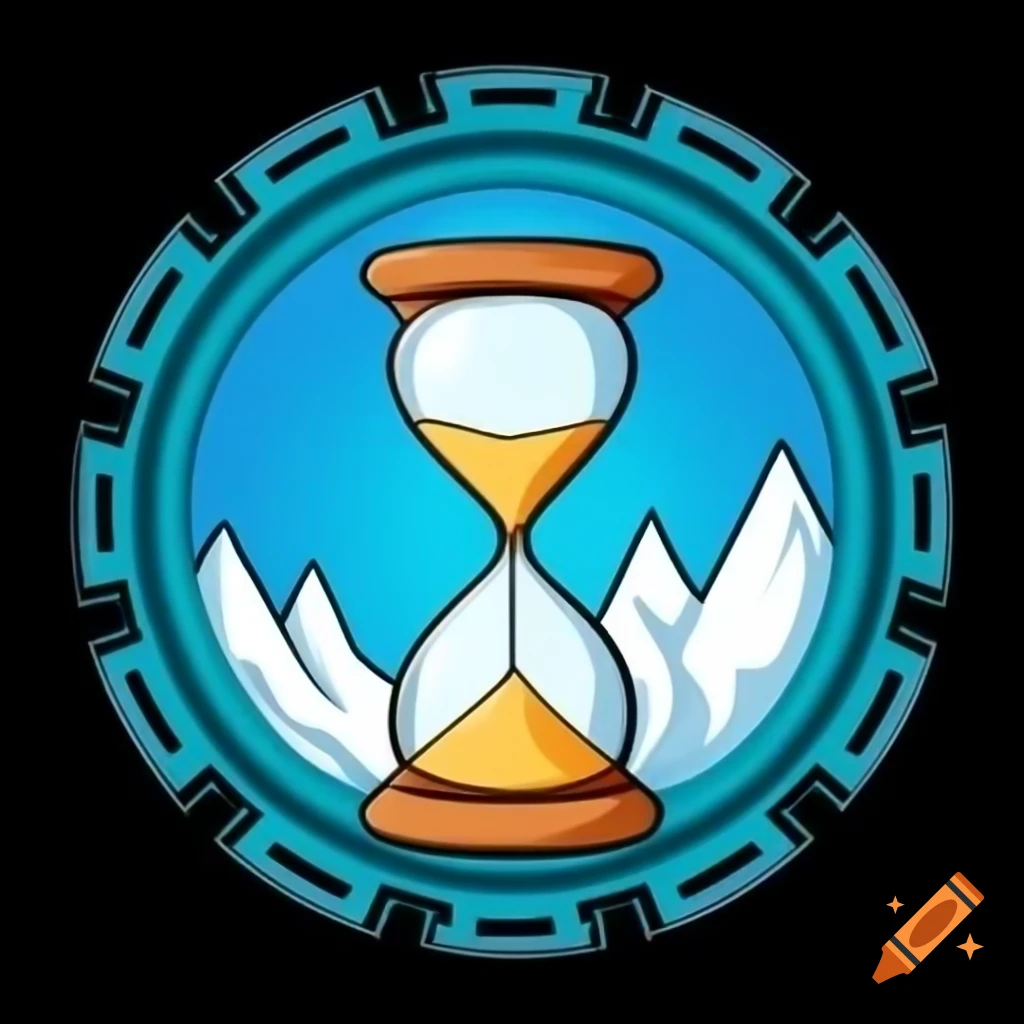 Hourglass with flowing snow-capped mountains and mechanical cog system