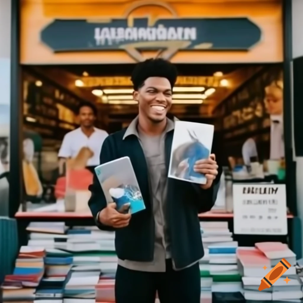 Happy man in front of small business holding a book with bustling shop background