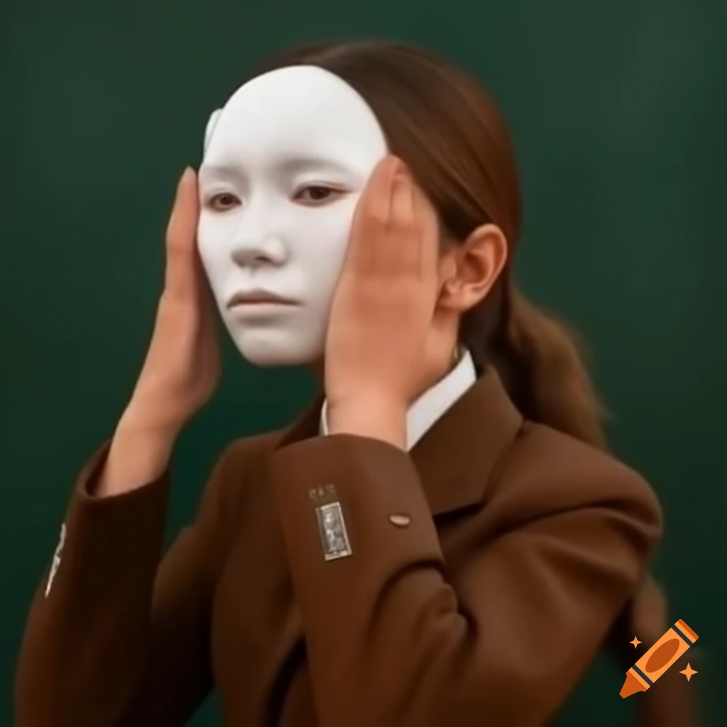 Woman in brown school uniform wearing white masquerade mask