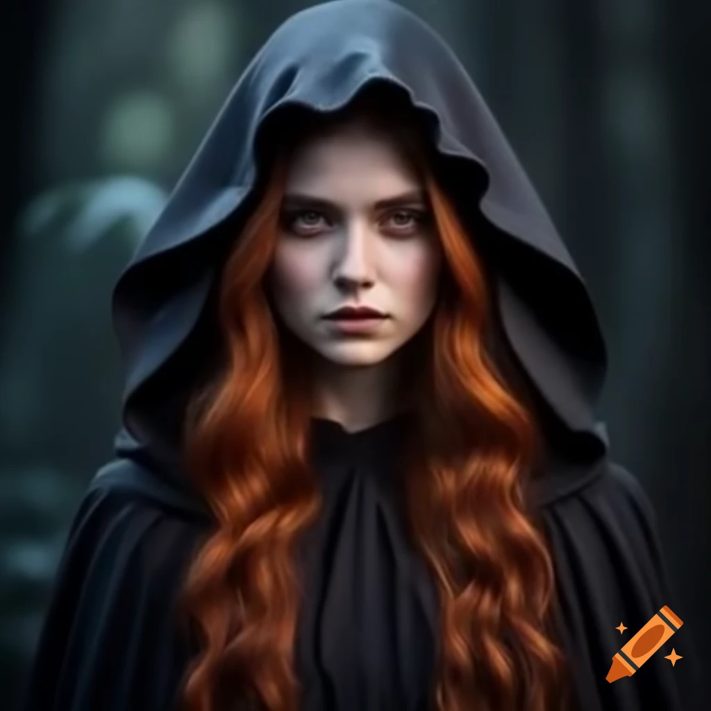 Witch in dark forest wearing black dress and cloak, with auburn hair and amber eyes