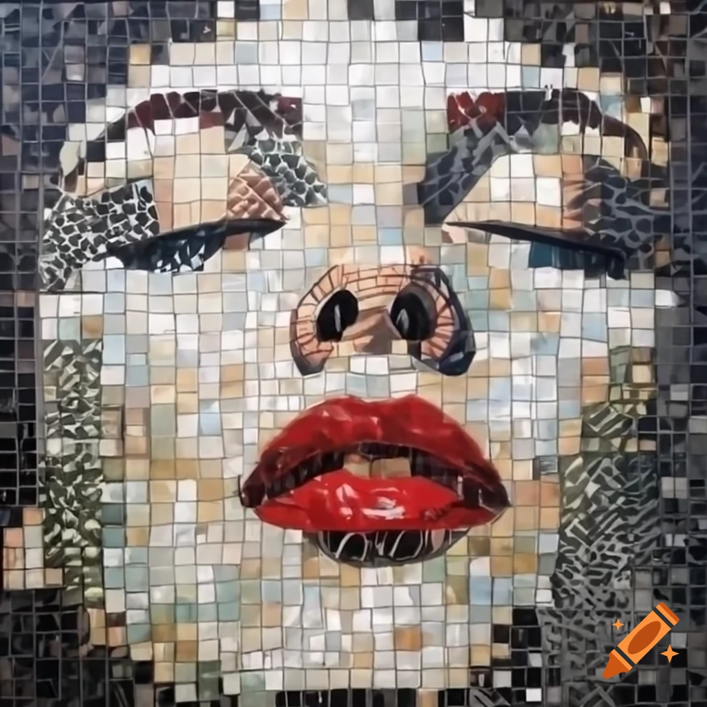 Mosaic portrait of a woman's face with red lips and closed eyes