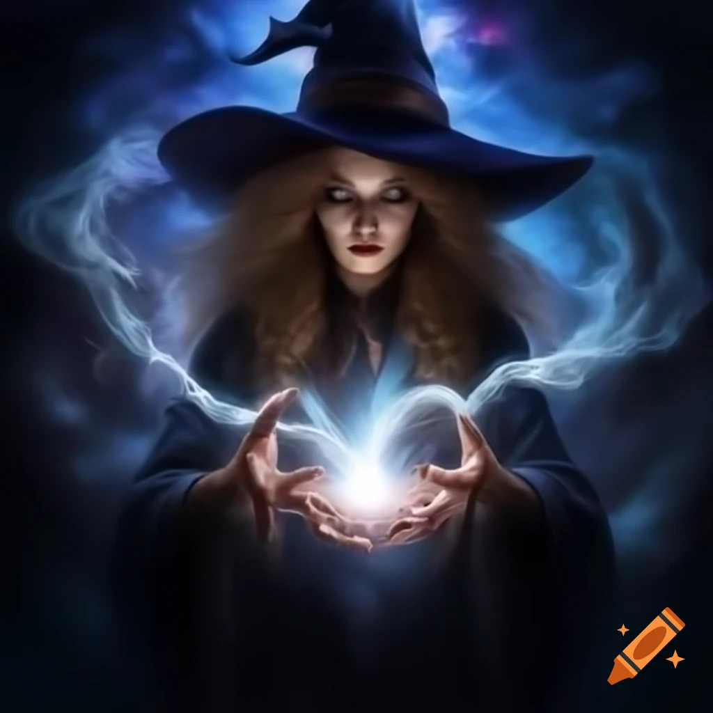 Witch performing white magic with galaxy between hands and cauldron beneath