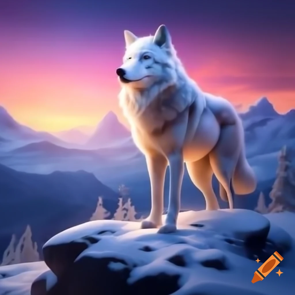 Majestic white wolf on snowy mountain peak with blue eyes on Craiyon