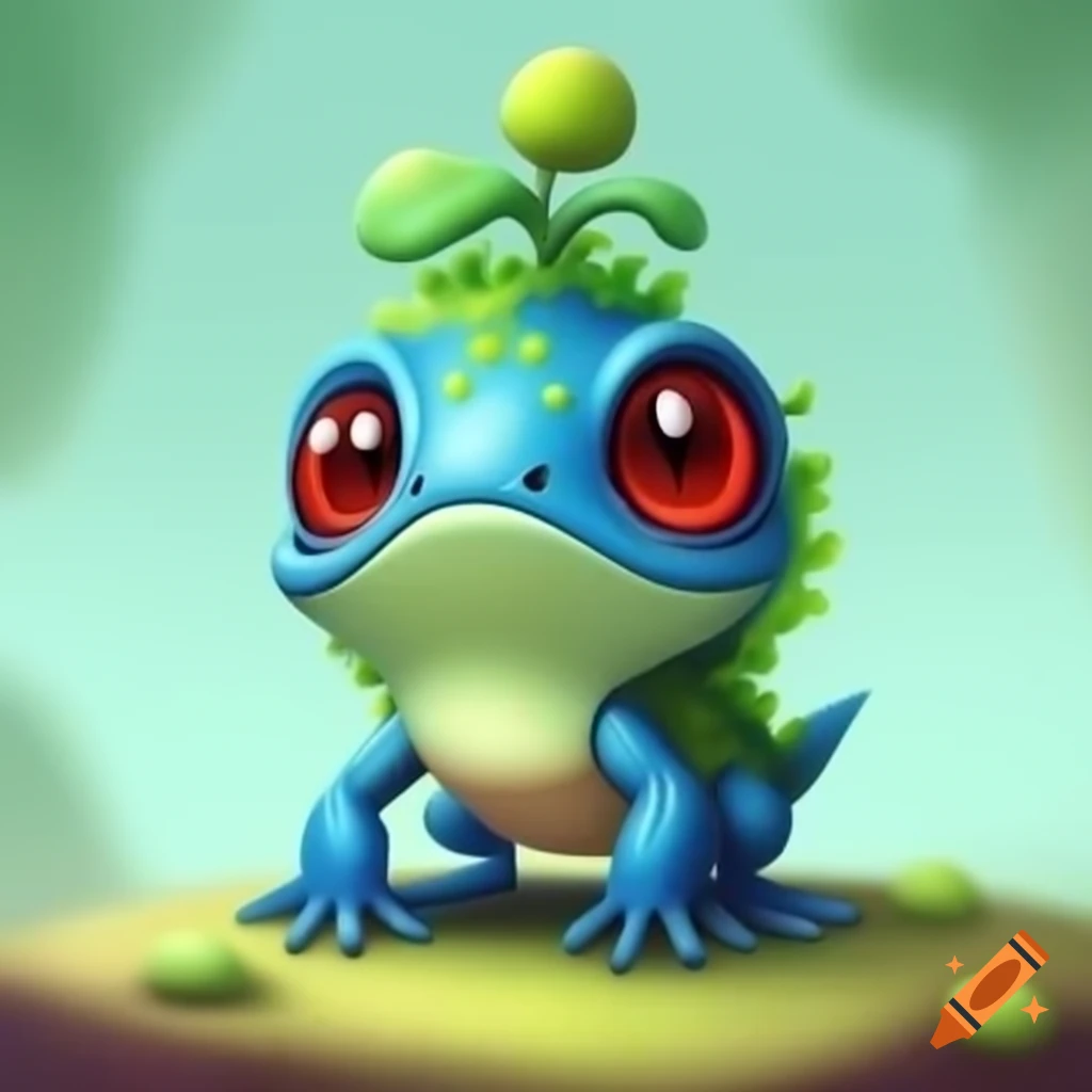 Quadrupedal amphibian with blue-green skin and red eyes, featuring ear-like structures