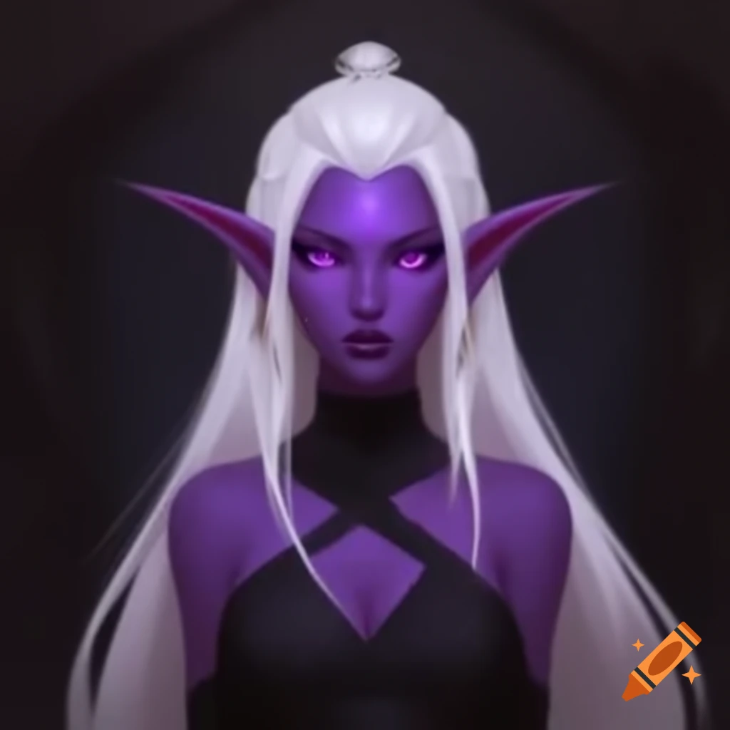 Female elf with violet skin and white hair in black dress, ethereal ...