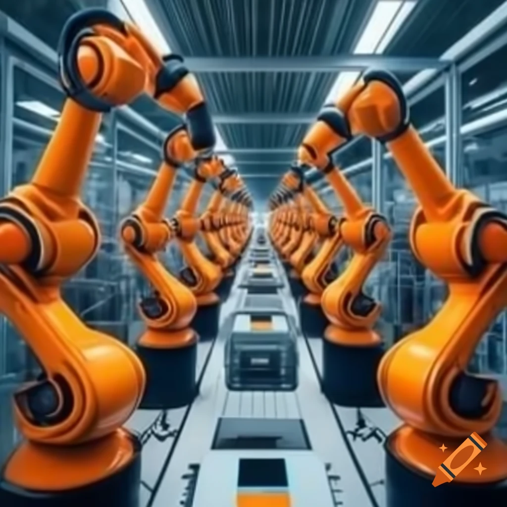 Production facility with orange robots and machine learning network
