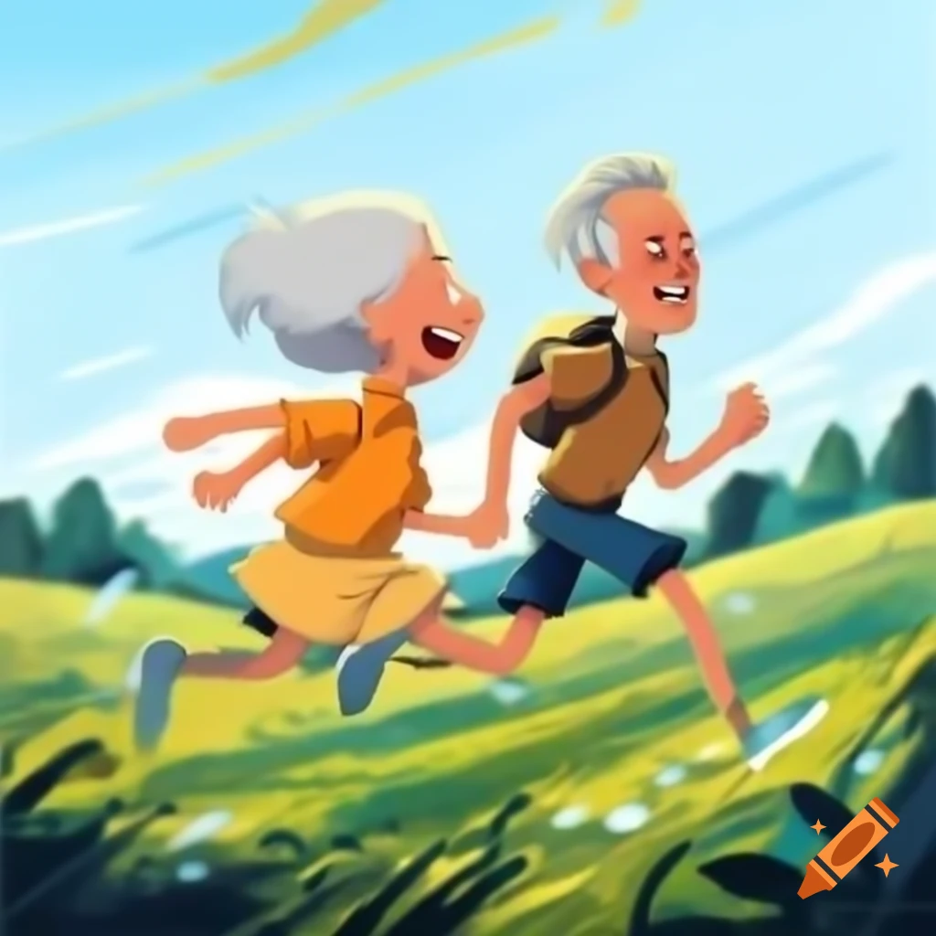 Joyous elderly couple running hand in hand through vibrant meadow