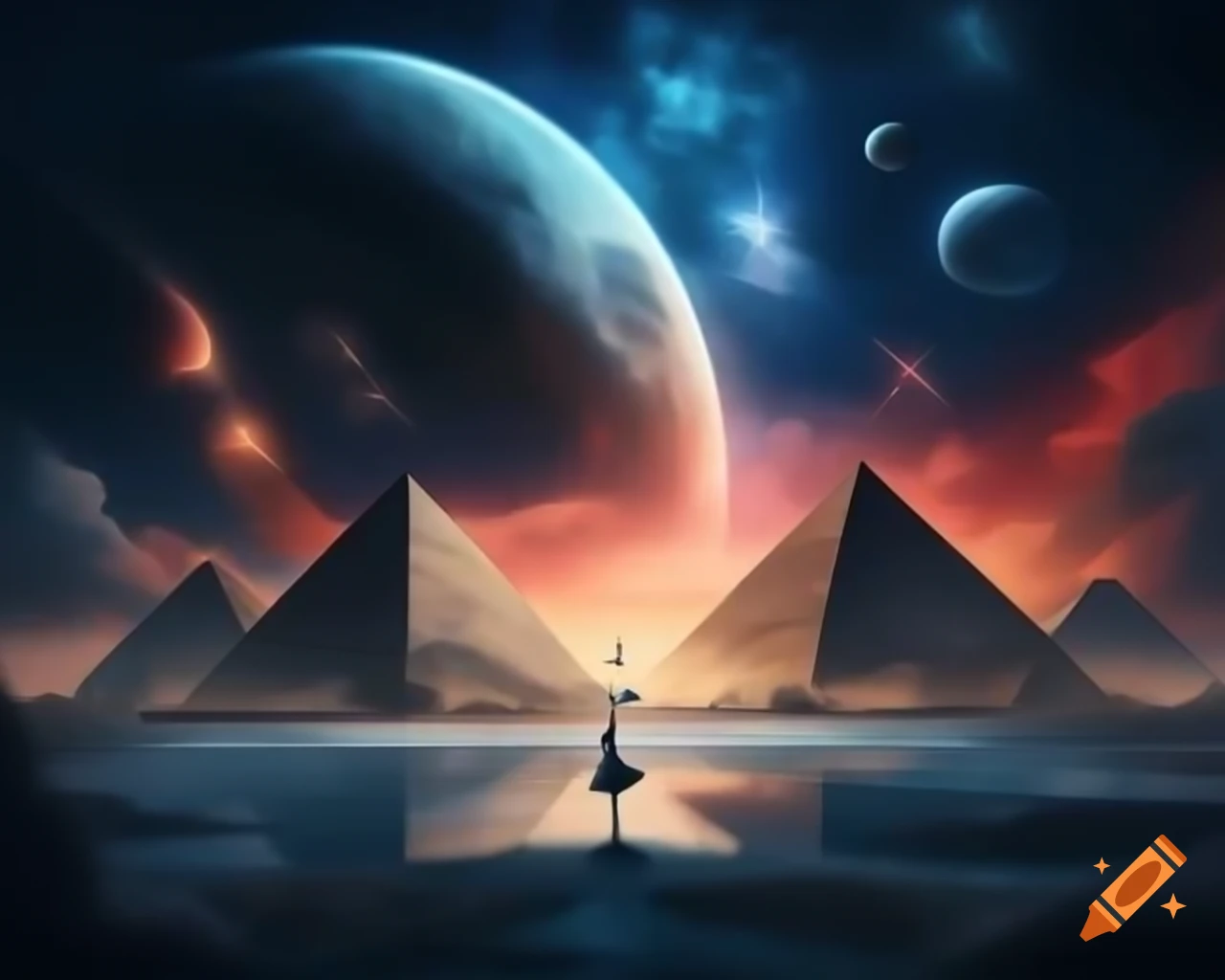 Futuristic pyramids and Sphinx silhouette under alien sky with aligning planets and twilight hues
