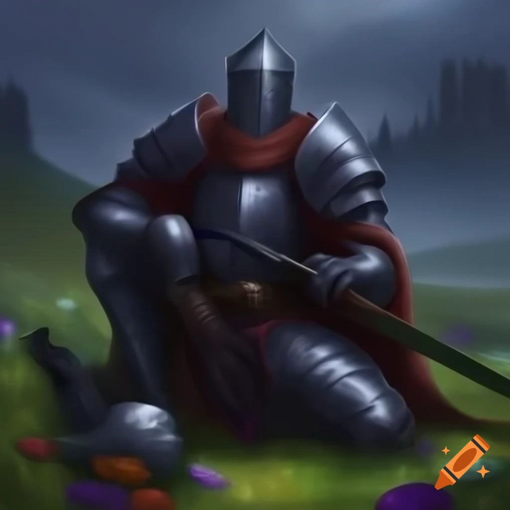 Depressed knight in ruined armor sitting on grass, holding sword and ...