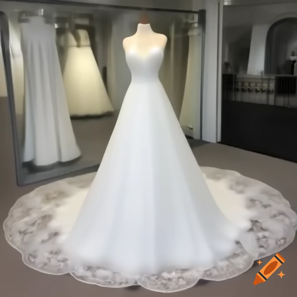 Ivory white wedding dress with long embroidered sleeves, deep neckline, pleated skirt, and long veil