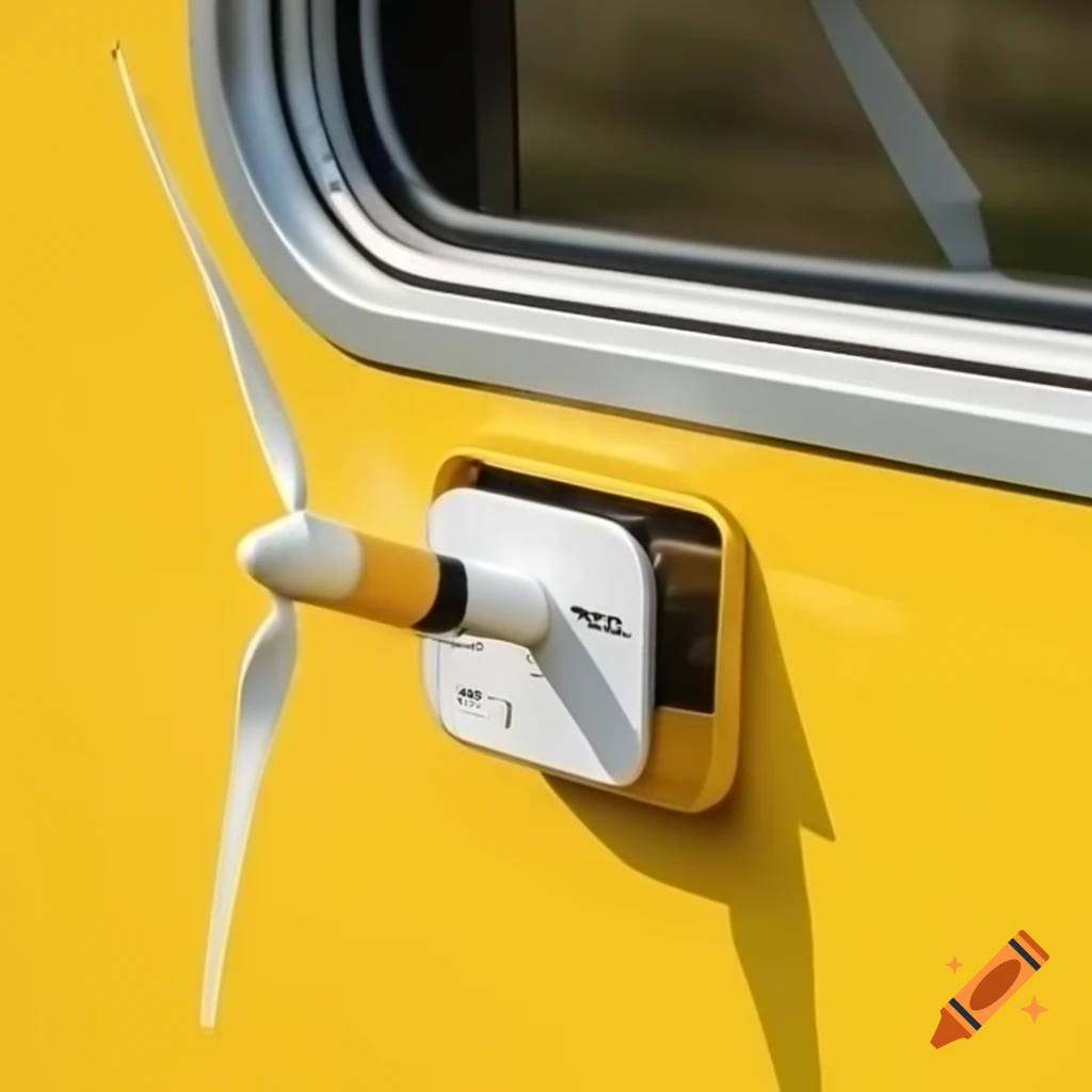 Small yellow wind turbine connected to train window charging mobile phone
