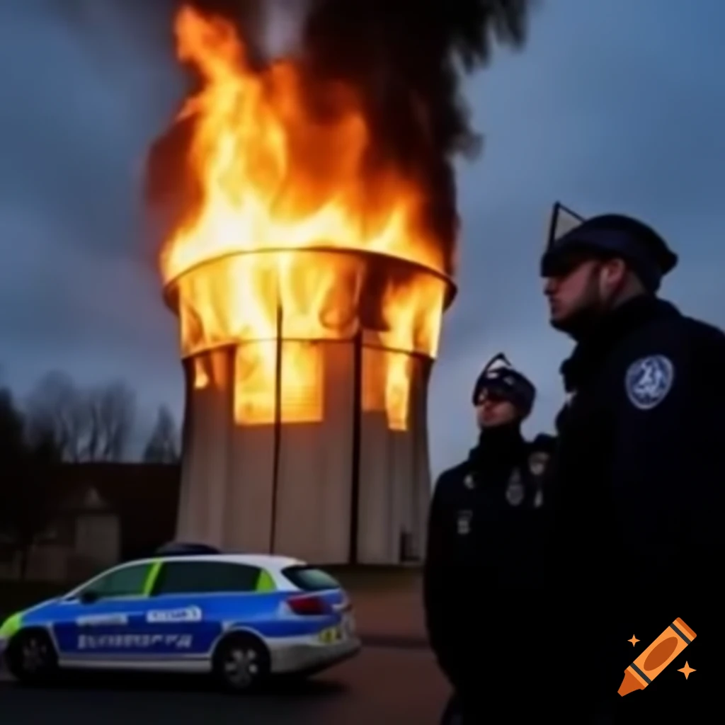Police escorting man from burning water tower in Wr Neustadt