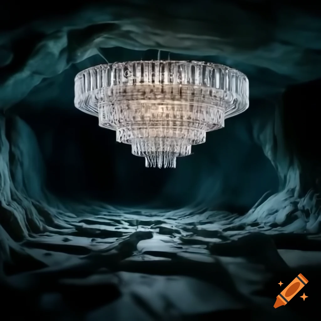 Crystal chandelier illuminating dark cave with ethereal glow
