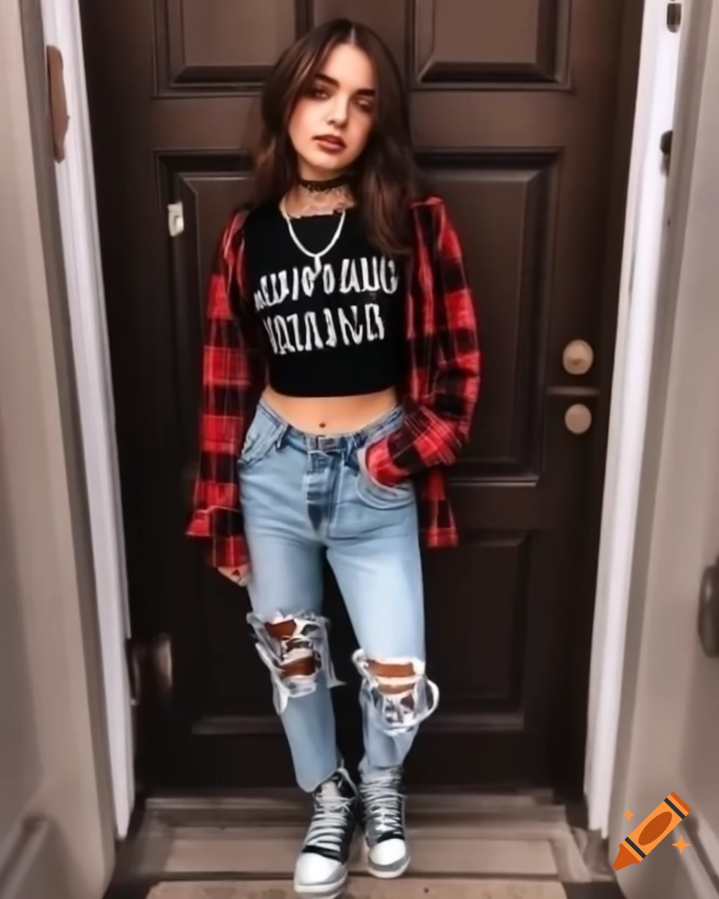 Brunette woman in grunge style with choker, band t-shirt, and ripped jeans