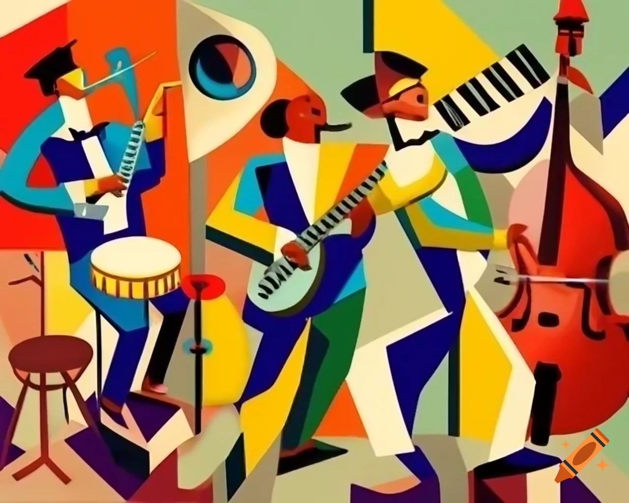 Cubist-inspired artwork of four jazz musicians with vivid fragmented shapes