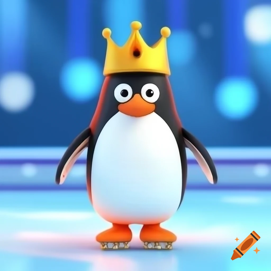 Digital drawing of a crowned penguin on an ice skating rink