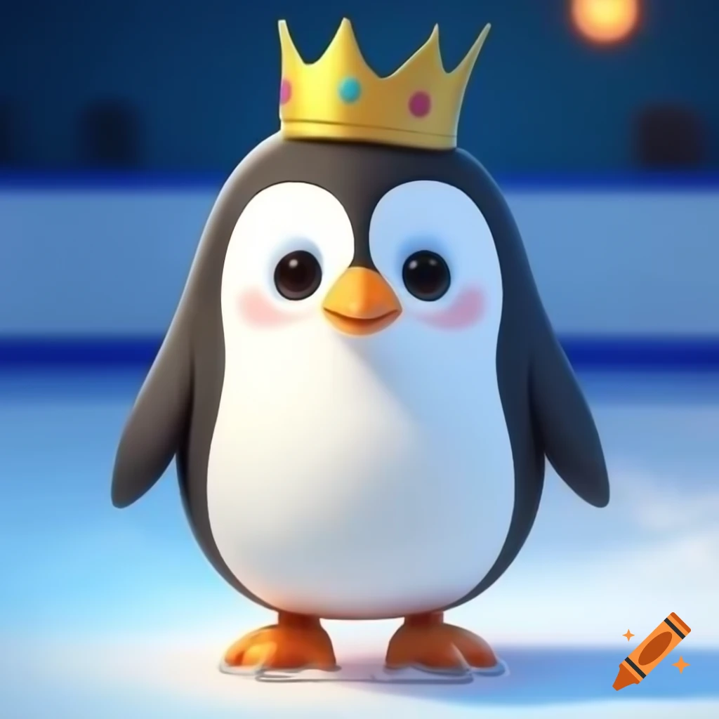 Digital drawing of a crowned penguin on an ice skating rink