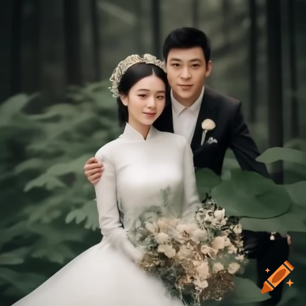 Portrait of Chinese couple in wedding attire in forest, dreamy colors
