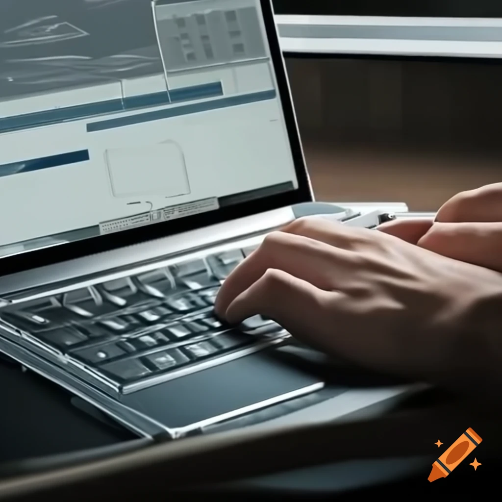 Realistic photo of hand typing on laptop with digital marketing dashboard