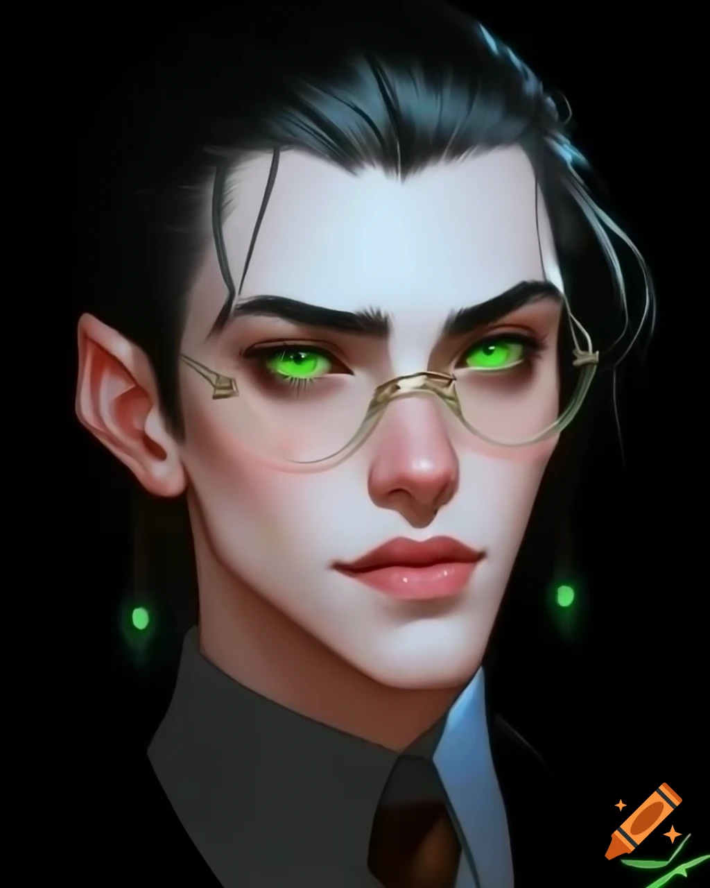Portrait of a young man with green eyes, black hair, and glasses on Craiyon
