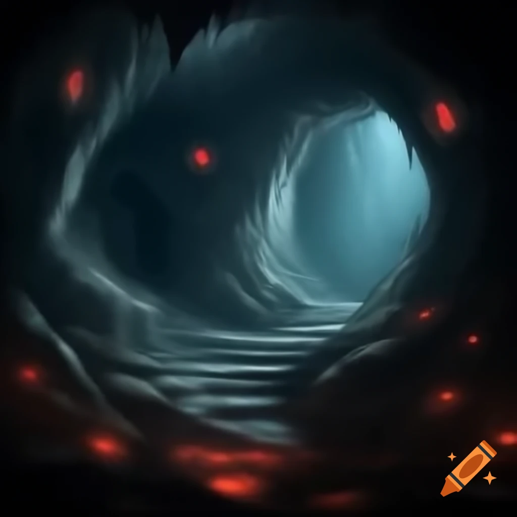 Eerie cave with glowing red eyes in the darkness on Craiyon