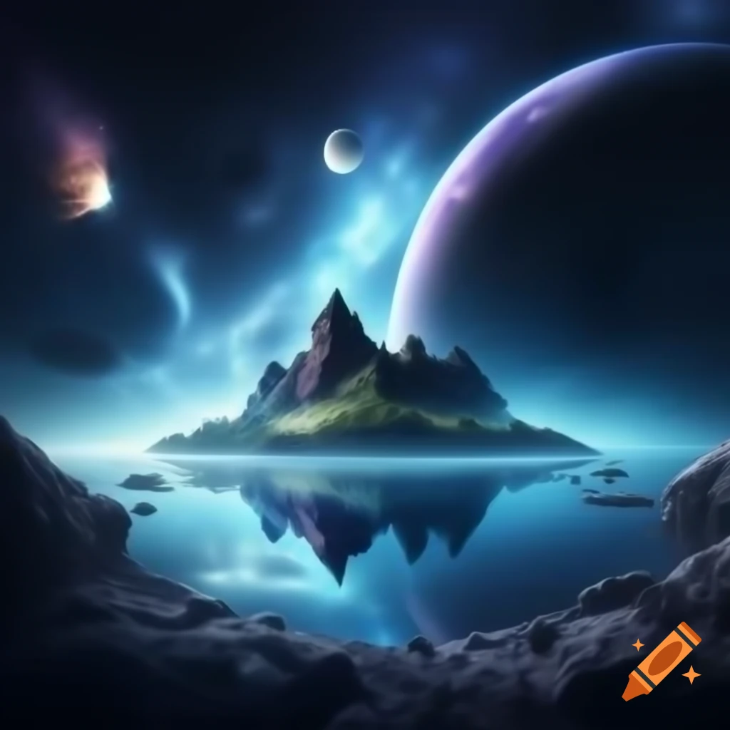 Floating mountainous island in outer space with stars and planets emitting blue and purple light rays