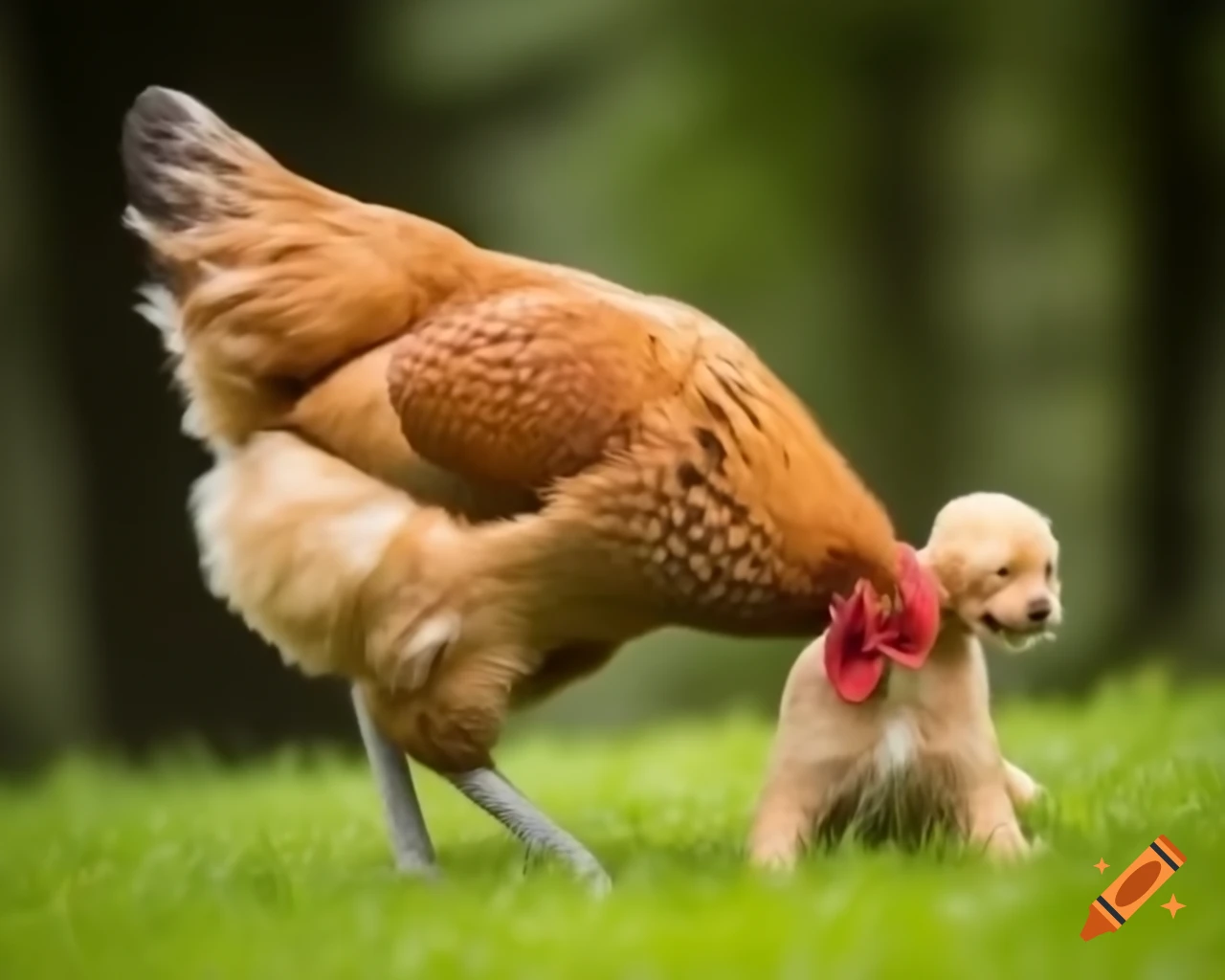 Hen pecking at food next to a dog