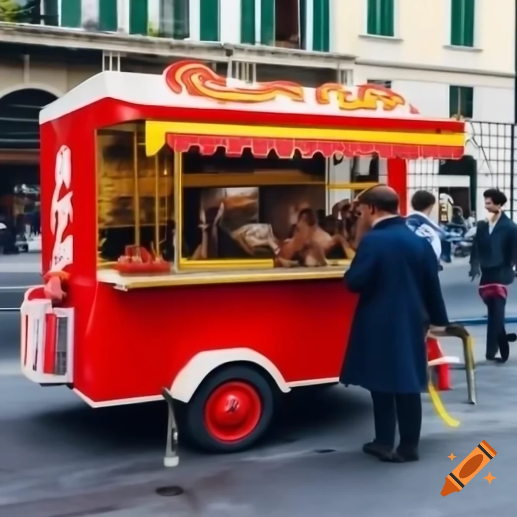 Vibrant hot dog cart selling at a festival, featuring unique toppings and colorful signage