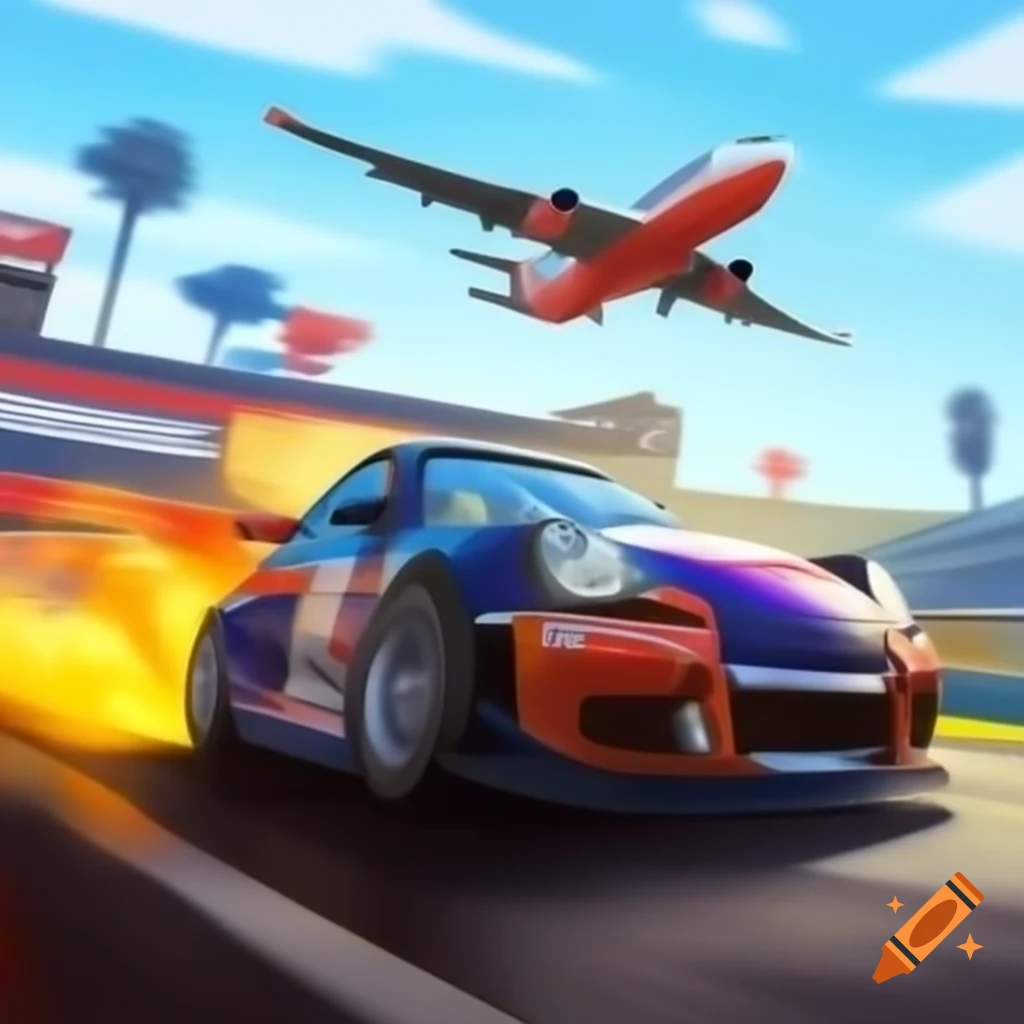 Car racing against airplane with car winning