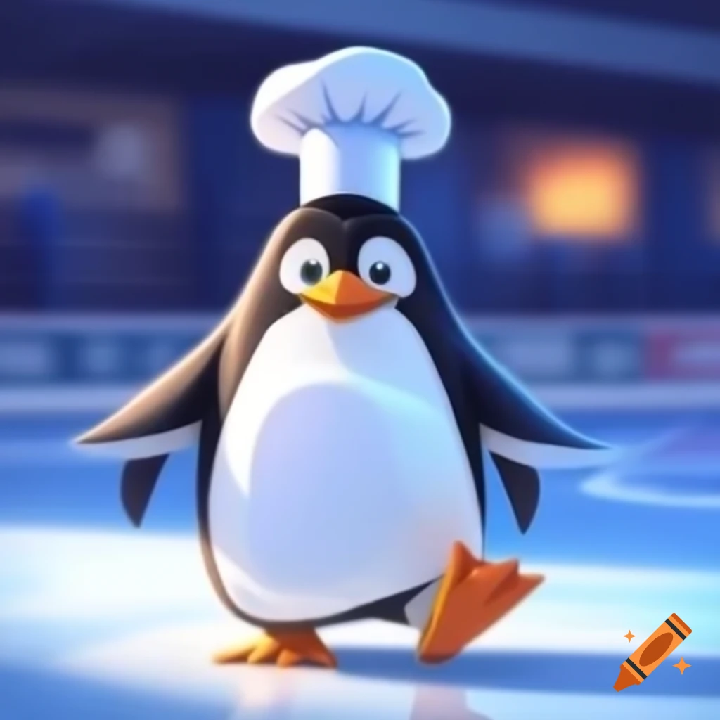 Penguin wearing chef hat on ice rink drawing