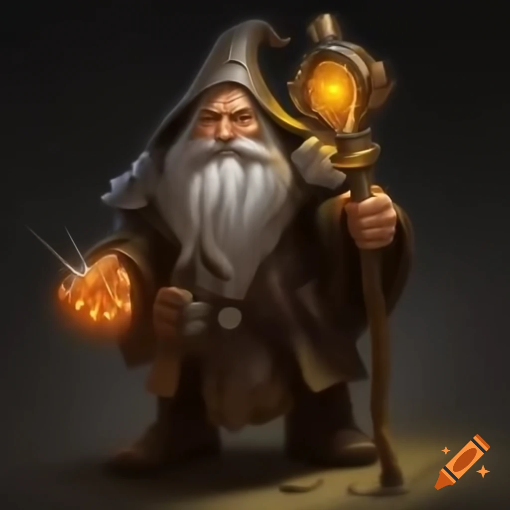Fantasy dwarf wizard with glowing prism familiar and wizard staff