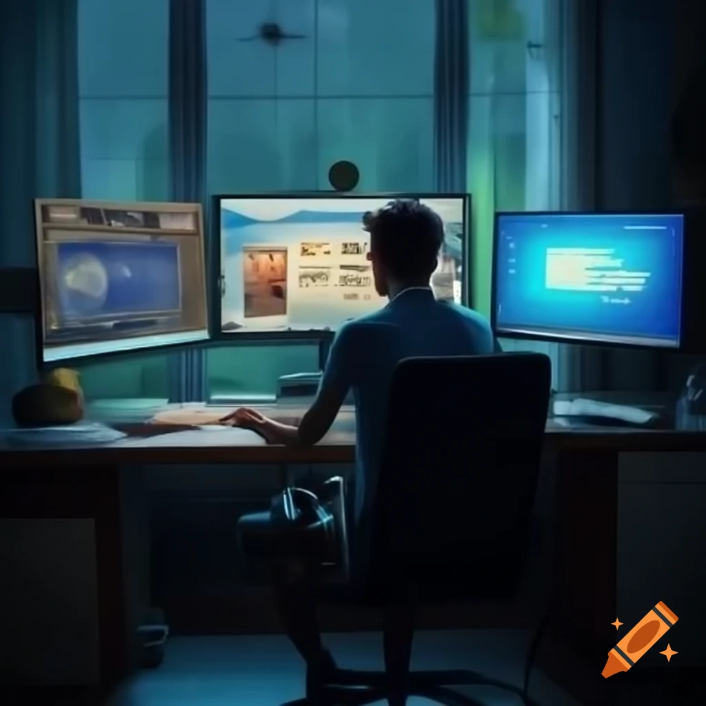 Young man working on desktop computer with three monitors in modern ...