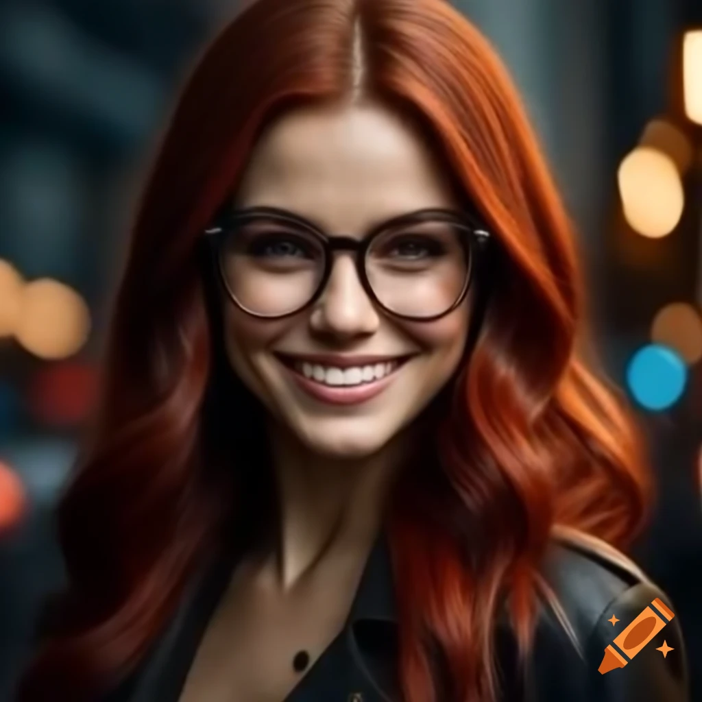 Portrait of a woman with dark red hair and glasses smiling against a cityscape background
