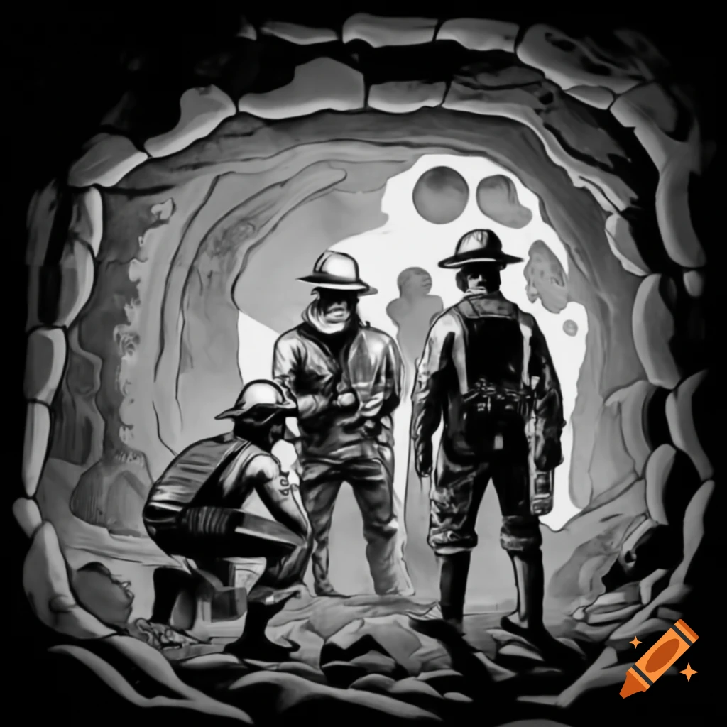 Monochrome illustration of miners heading to work in a mine