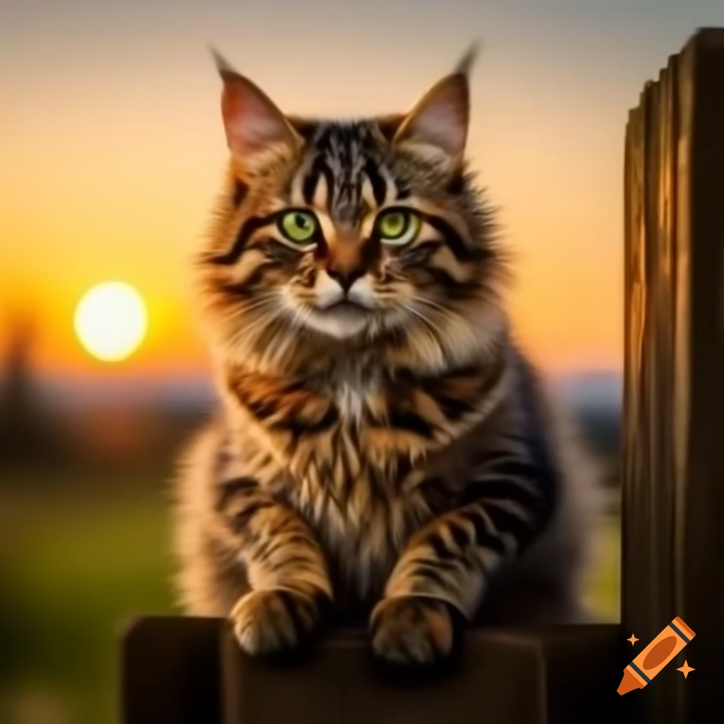 Realistic tabby cat with green eyes sitting on wooden fence at sunset ...