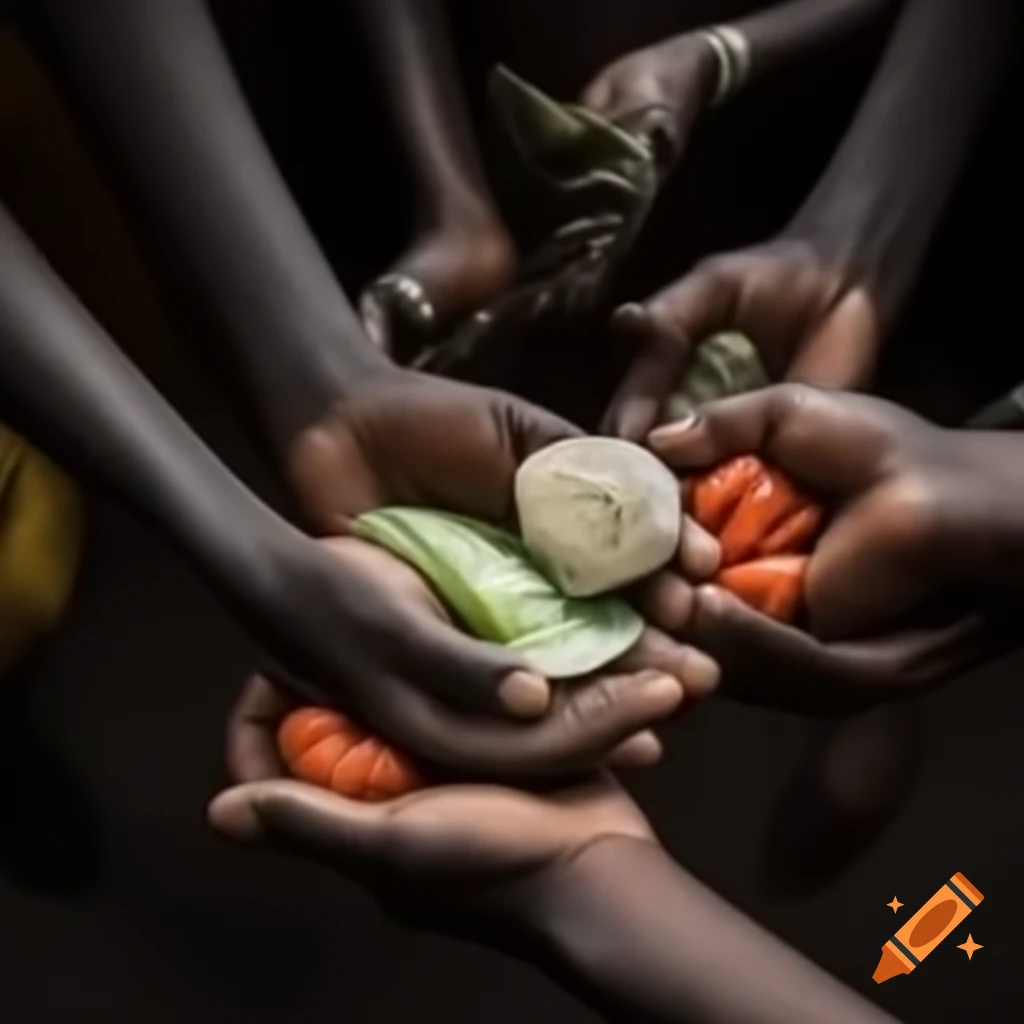 Clean hand offering food to needy hands