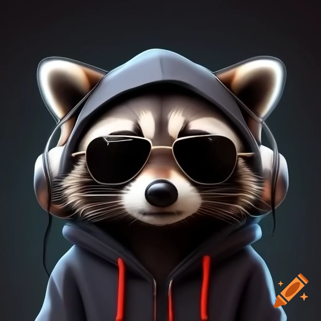 Cute cartoon raccoon with hood, sunglasses, and gaming headset in digital art style