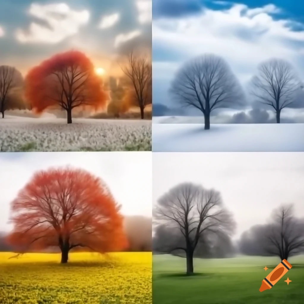 Four seasonal landscapes featuring flower meadows and trees in winter, spring, summer, and autumn