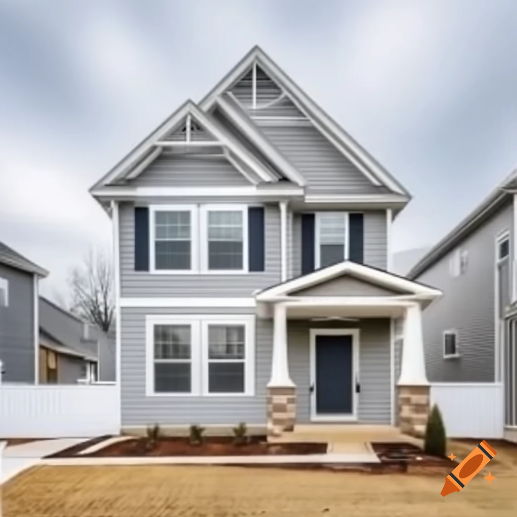 Two-story house with grey siding and multiple windows