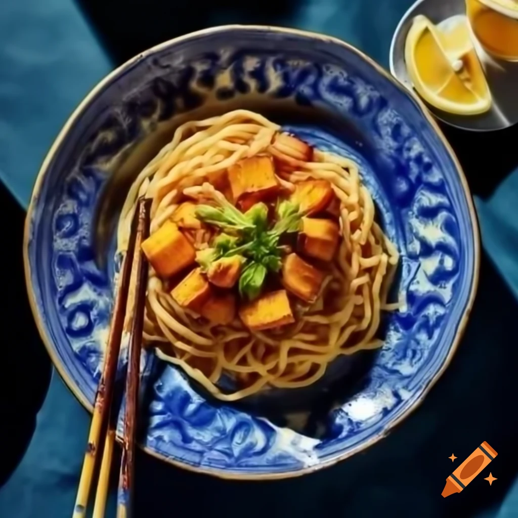 Vibrant plate of noodles and crispy tofu with lemon zest on blue porcelain