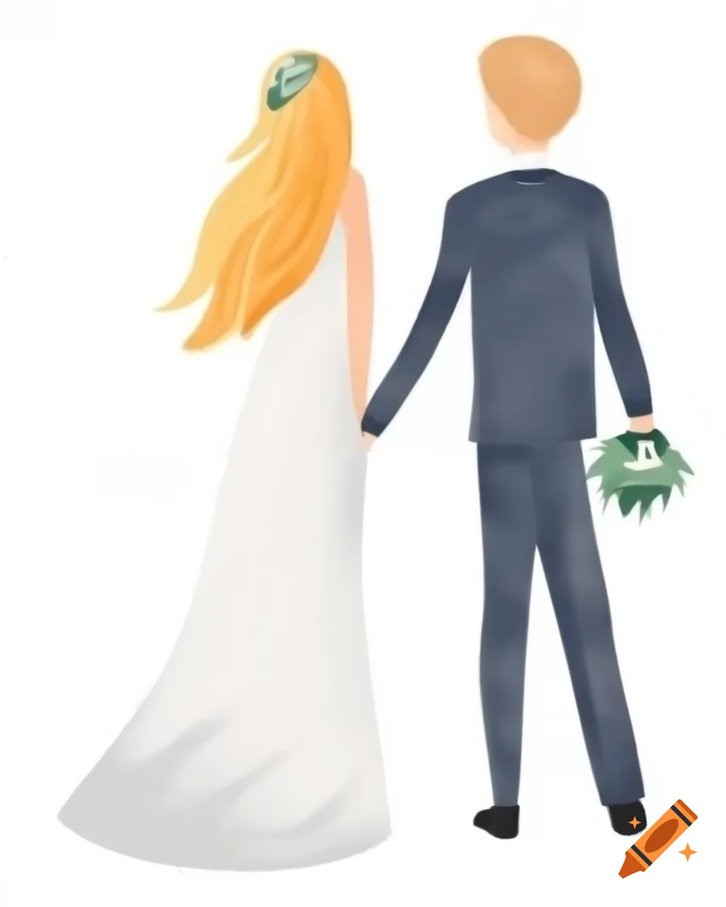 Bride and groom holding hands in watercolor style on white background