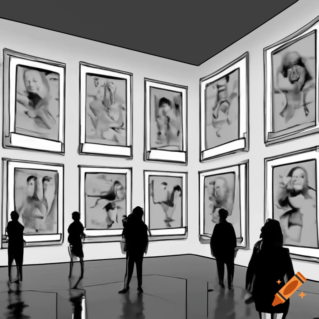 Visitors admiring realistic portraits in an art gallery with changing expressions