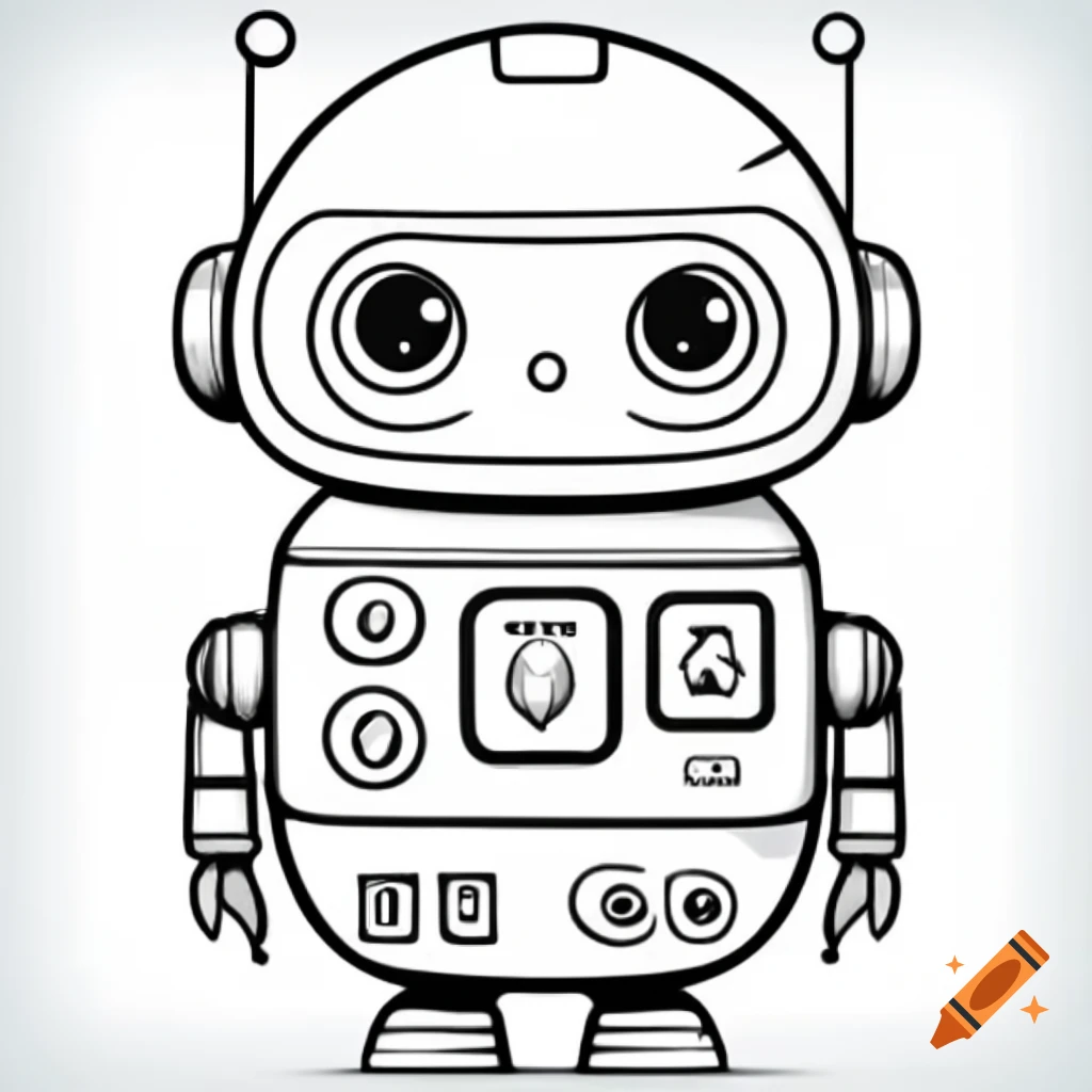 Cute round robot line art in retro 1950s sci-fi style, coloring page