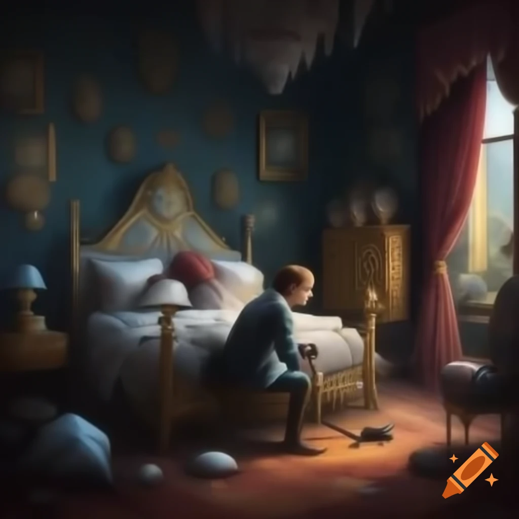 Young man searching for clues in luxurious mansion bedroom