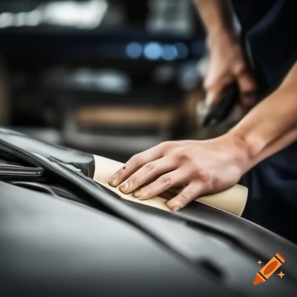 Sanding a car with sanding paper during automotive restoration