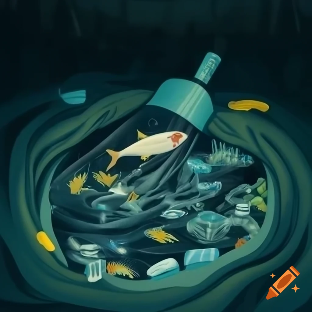 Flyer showing polluted water with struggling fish and plastic waste, promoting water protection