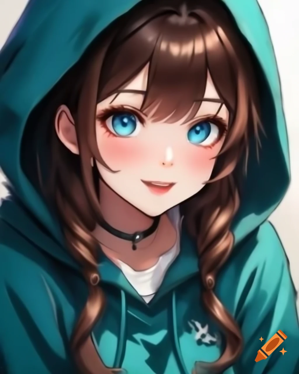 Detailed anime portrait of a young woman with brown hair and blue ...