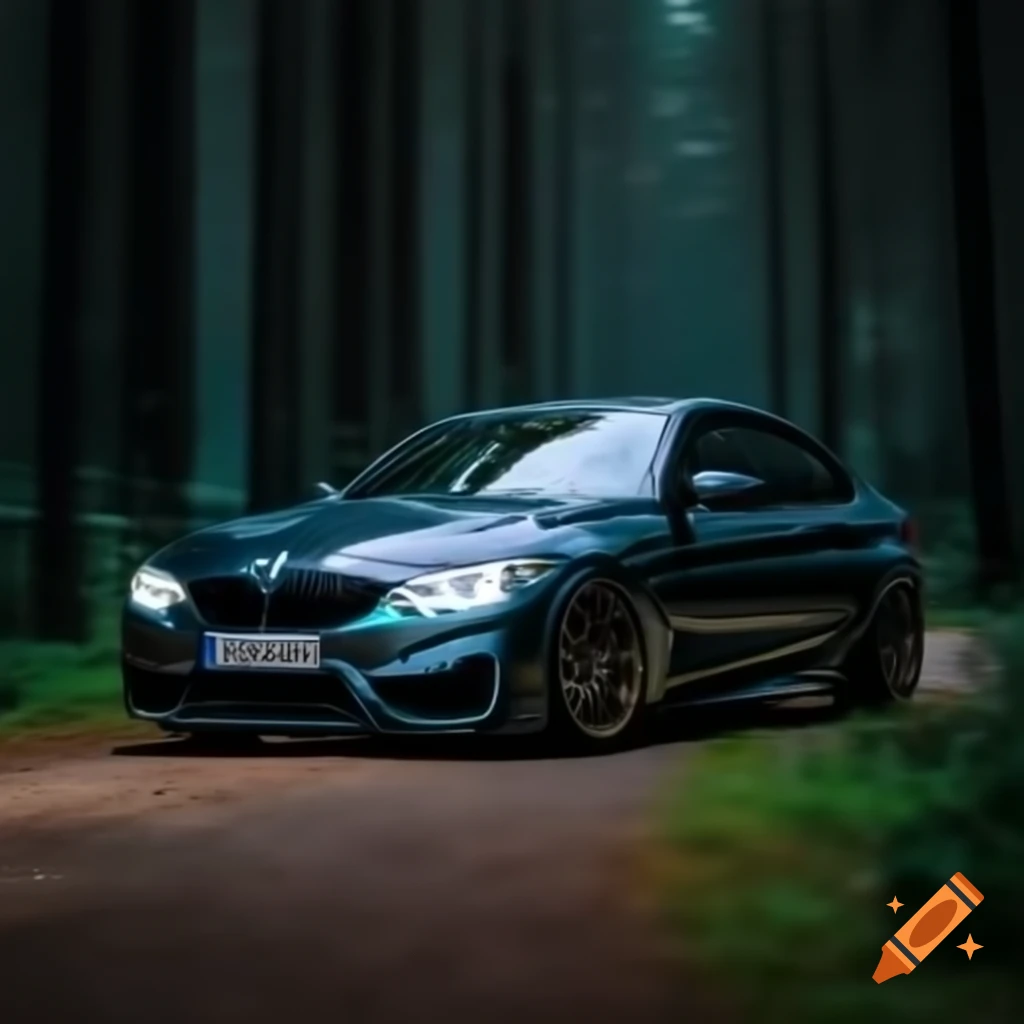 BMW parked at night in a forest setting