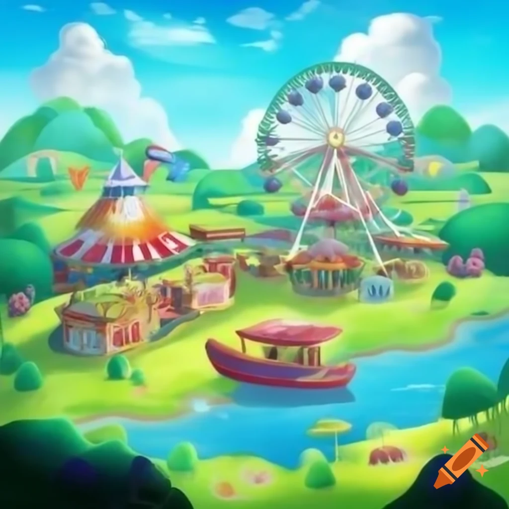 Aerial view of charming carnival with Ferris wheel and colorful stalls