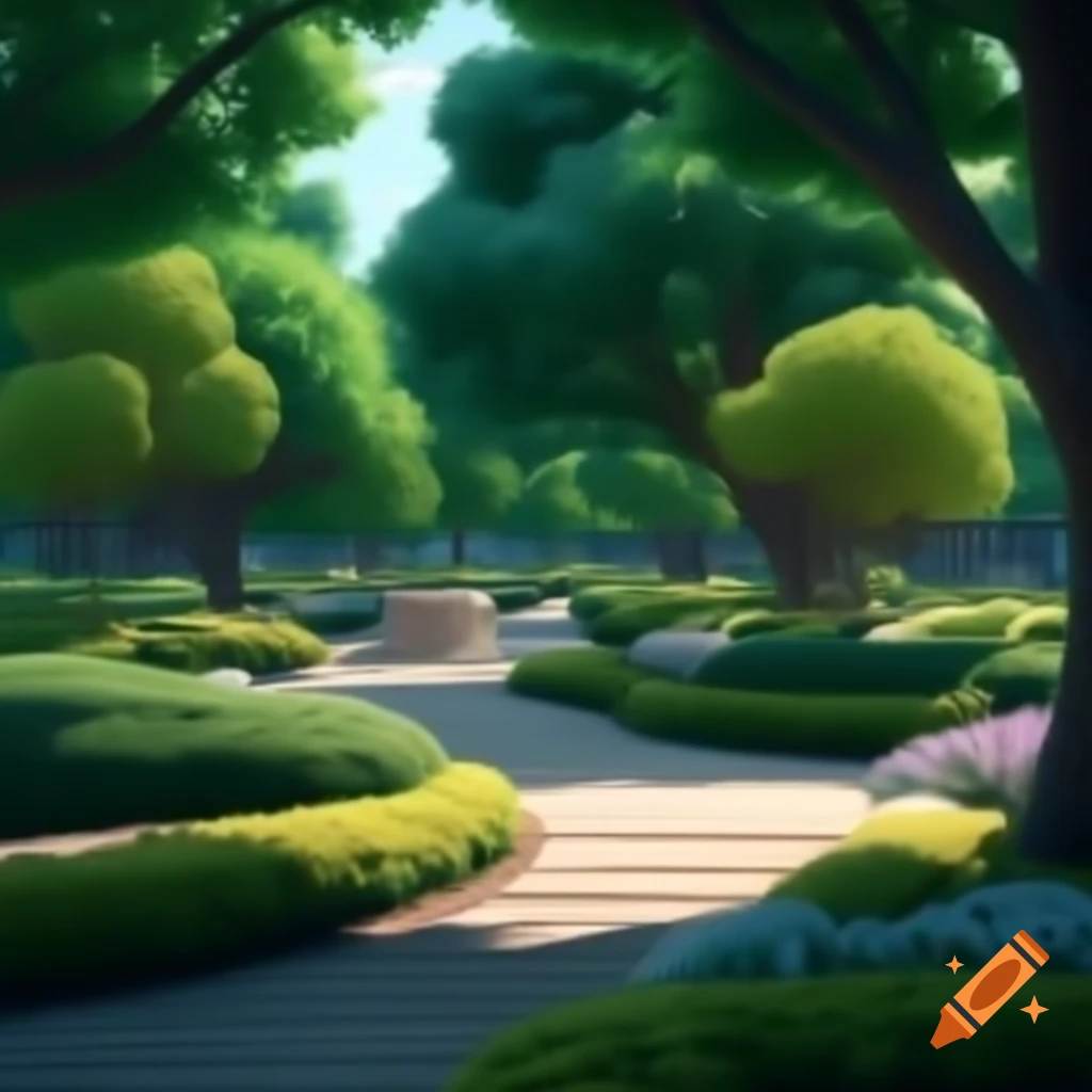 Realistic park featuring benches, trees, bushes, and a fountain on Craiyon